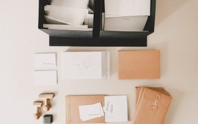 Postcard set packing station Postcard set packing station